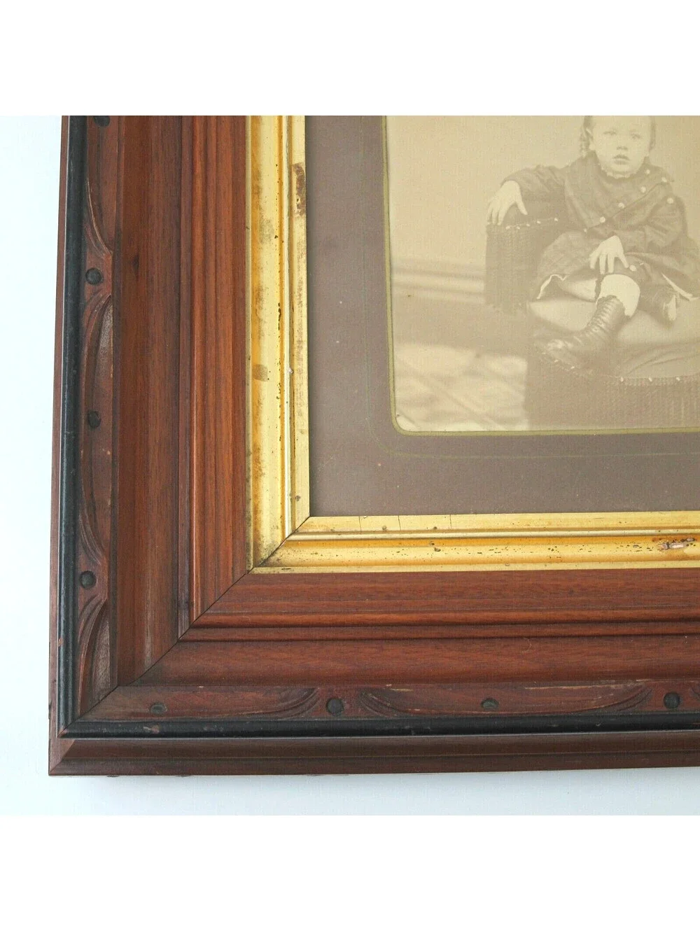 Antique Victorian Deep Picture Frame Carved Wood Gold Gilt Child Photo Glass 16